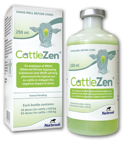 A bottle and box of CattleZen, a 250 ml topical calming pheromone product for cattle to mitigate stress, with instructions to shake well before use. Description generated by AI