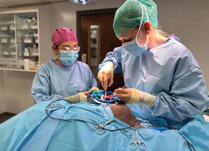Two people wearing surgical scrubs, masks, and gloves are performing a medical procedure on a patient lying on an operating table. Description generated by AI