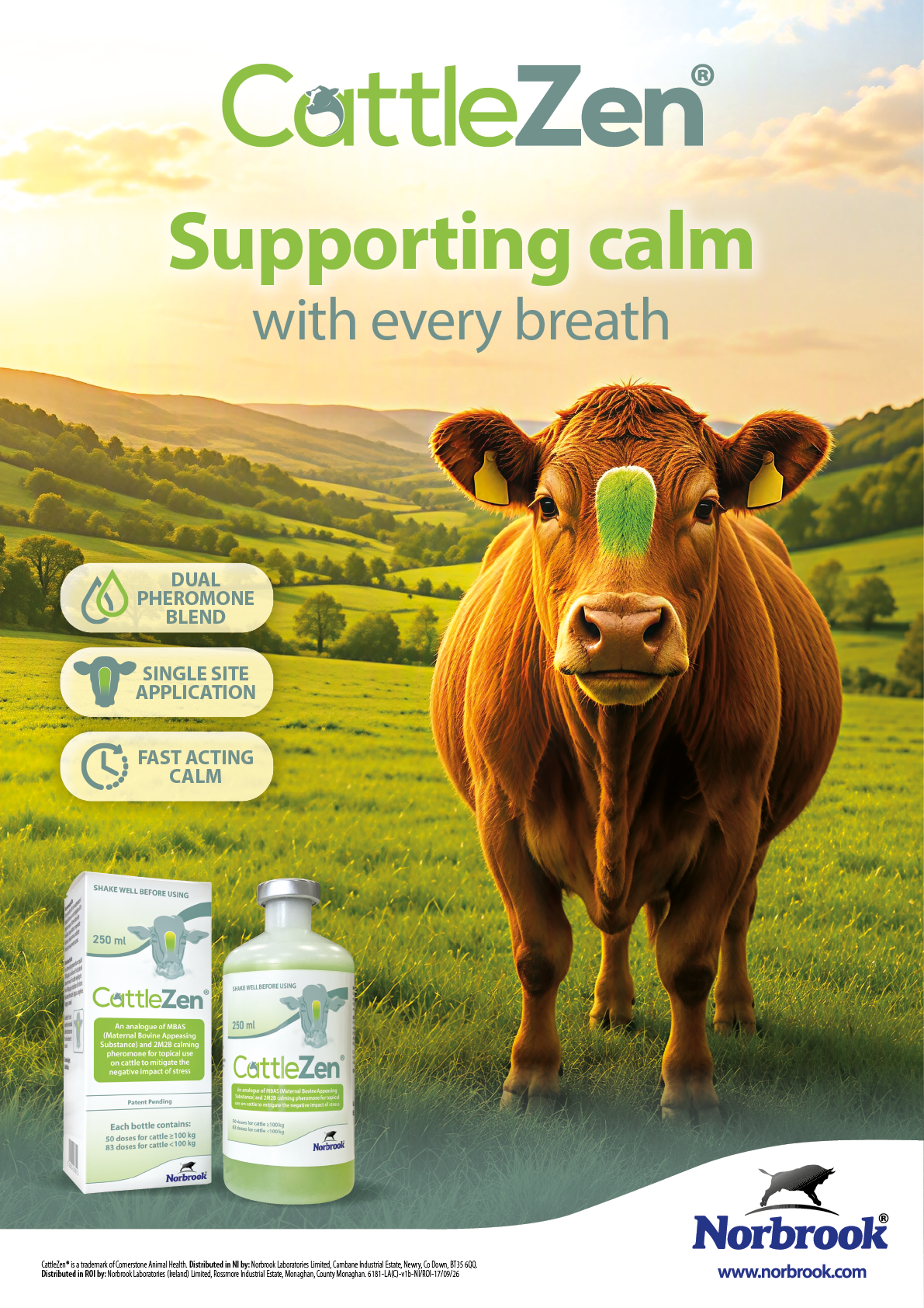 A brown cow stands in a green field with rolling hills at sunset alongside a bottle and box of CattleZen, a product promoting calm with pheromone blend, single site application, and fast-acting calm by Norbrook. Description generated by AI
