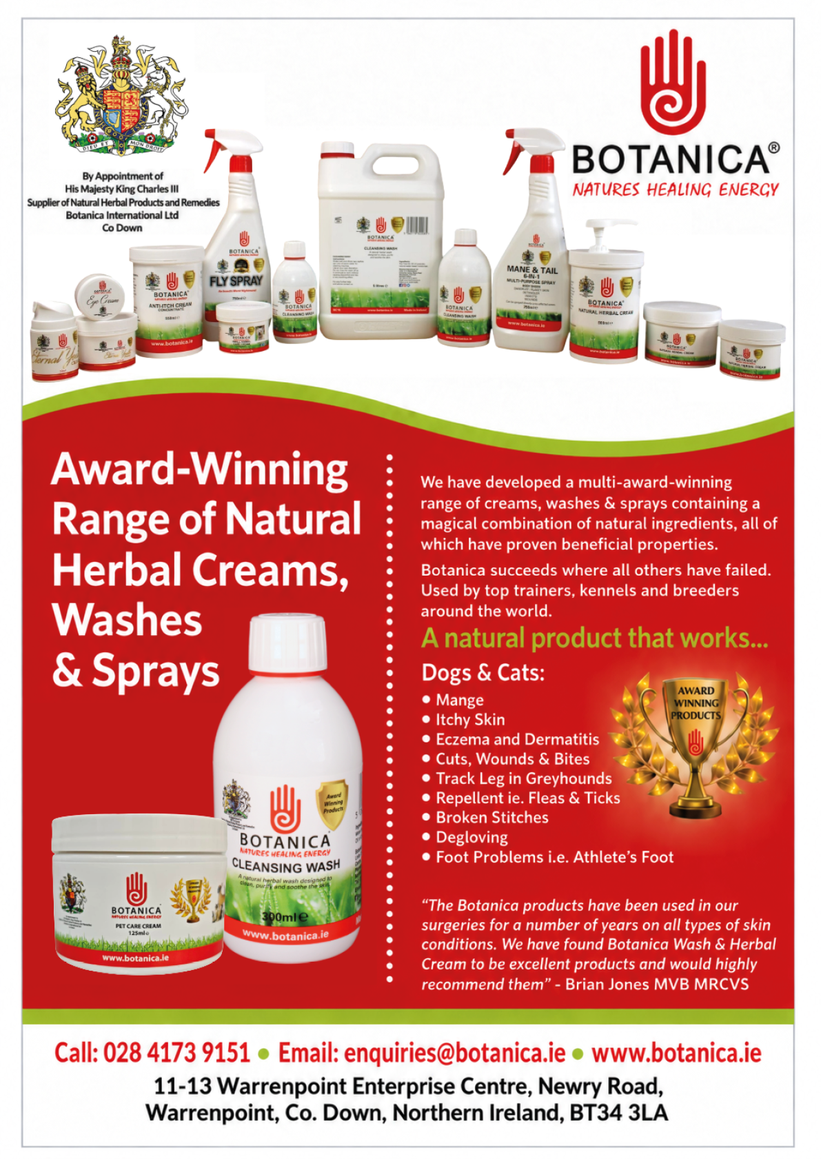 A display of various Botanica natural herbal creams, washes, and sprays for dogs and cats, highlighting their award-winning status and benefits for skin, wounds, pests, and foot problems. Description generated by AI