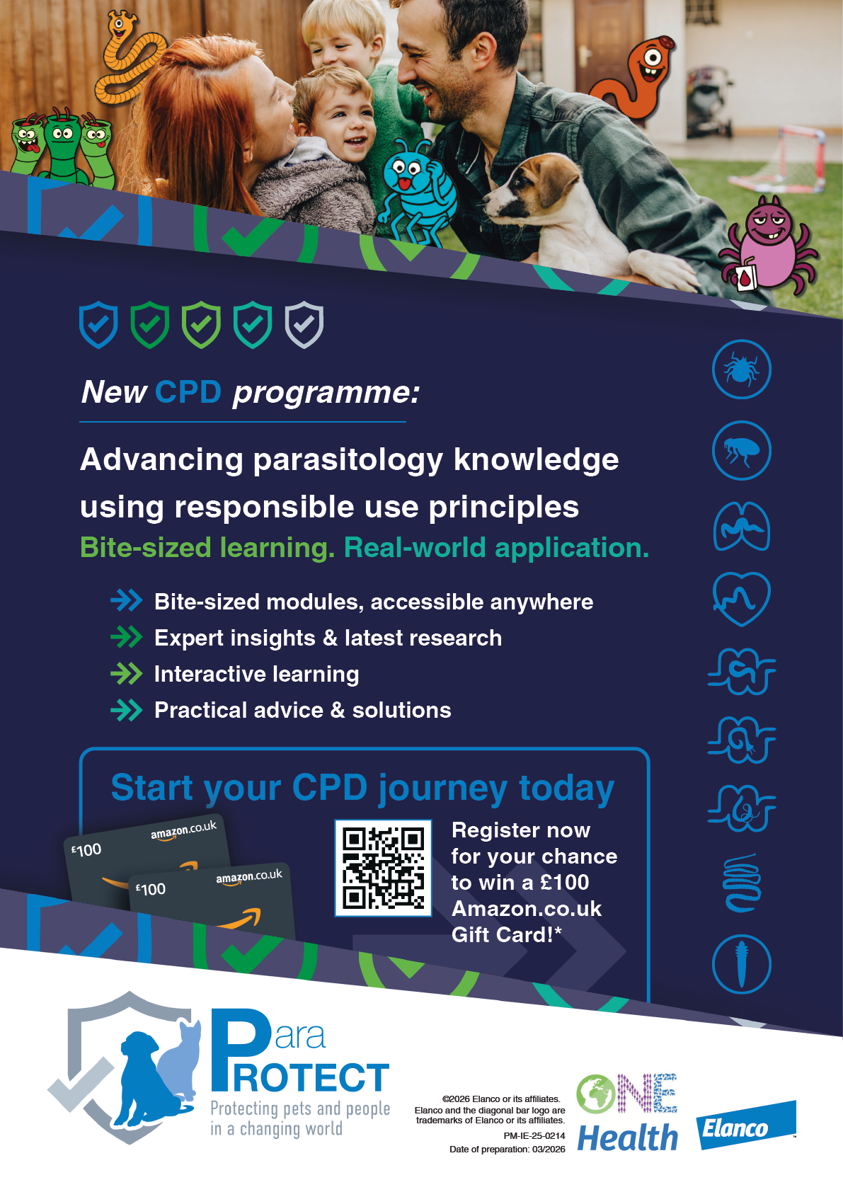Two adults sitting closely outdoors with a dog, surrounded by colorful cartoon parasite characters and a promotional graphic for a parasitology CPD programme emphasizing responsible use principles and interactive learning. Description generated by AI