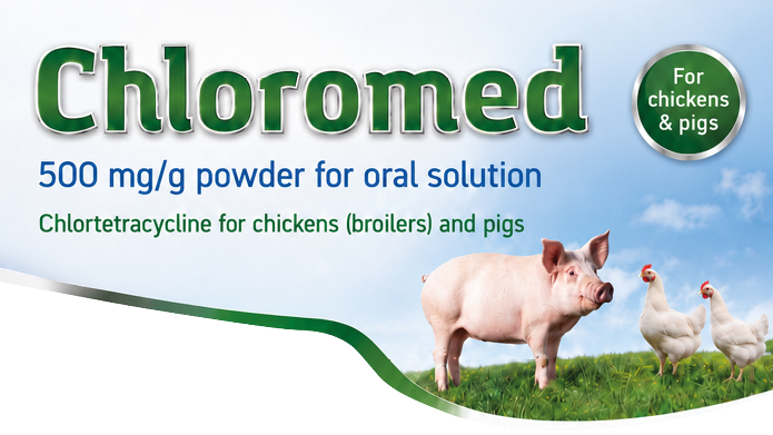 Chloromed is a 500 mg/g powder for oral solution containing chlortetracycline for chickens and pigs, shown with a pig and two chickens standing on grass under a blue sky. Description generated by AI
