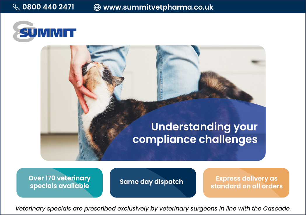 A person wearing jeans is gently petting a cat with text overlay about understanding compliance challenges and information about veterinary specials, same day dispatch, and express delivery. Description generated by AI