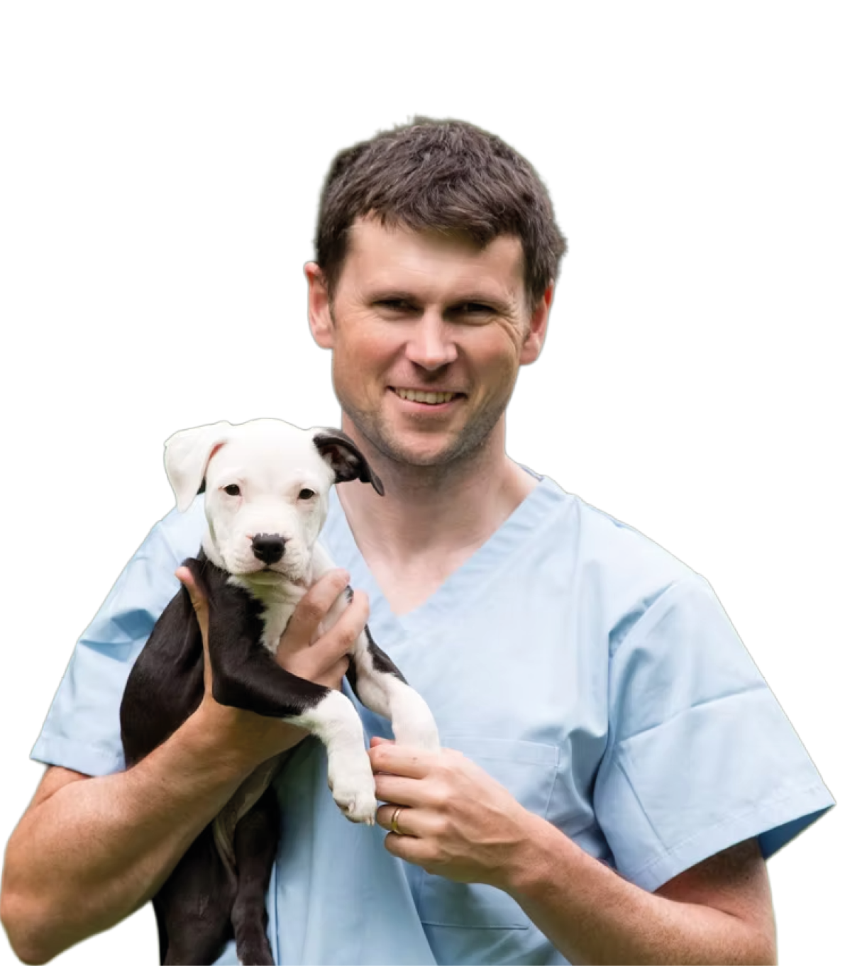 A person wearing light blue scrubs is smiling and holding a small black and white puppy. Description generated by AI