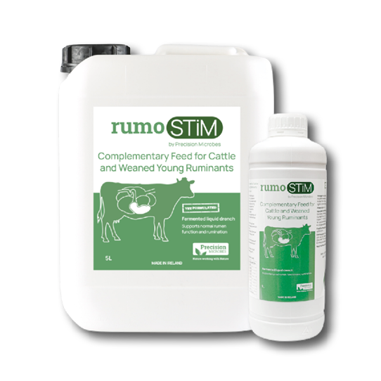 Two white containers of rumostim complementary feed for cattle and weaned young ruminants with green labels showing a cow illustration and product information. Description generated by AI