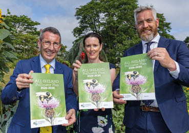 Three adults dressed in formal attire stand outdoors holding up green posters promoting the All-Ireland Pollinator Plan against a backdrop of sunflowers and trees. Description generated by AI