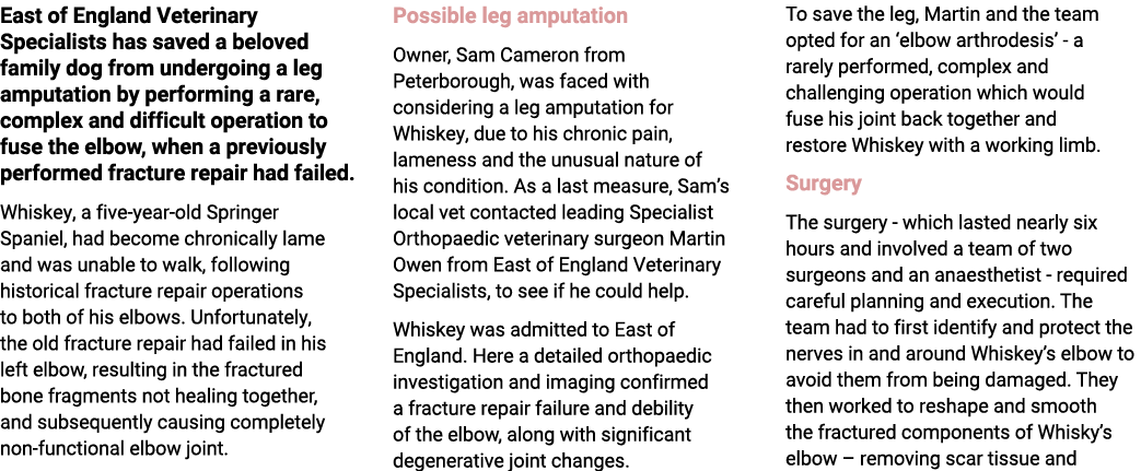 East of England Veterinary Specialists has saved a beloved family dog from undergoing a leg amputation by performing ...