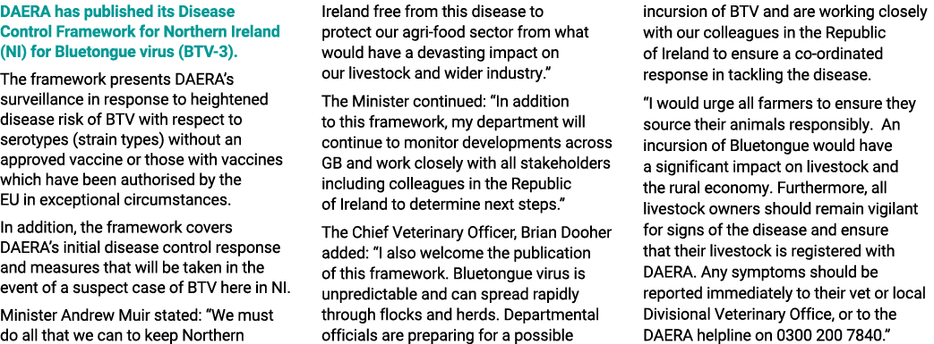 DAERA has published its Disease Control Framework for Northern Ireland (NI) for Bluetongue virus (BTV 3). The framewo...