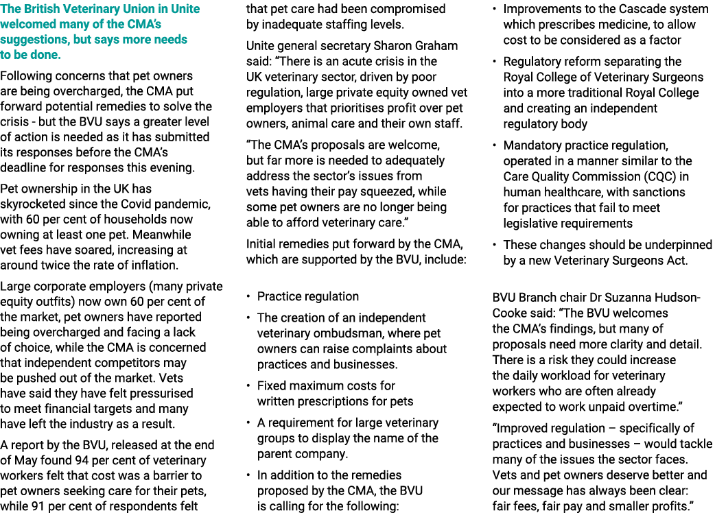 The British Veterinary Union in Unite welcomed many of the CMA’s suggestions, but says more needs to be done. Followi...