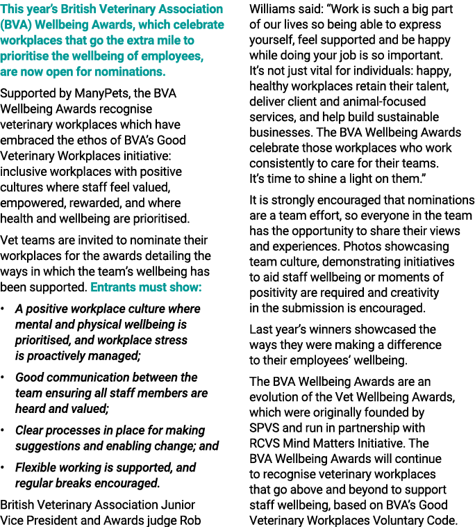 This year’s British Veterinary Association (BVA) Wellbeing Awards, which celebrate workplaces that go the extra mile ...