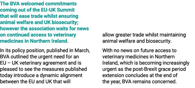 The BVA welcomed commitments coming out of the EU UK Summit that will ease trade whilst ensuring animal welfare and U...