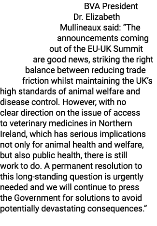 BVA President Dr. Elizabeth Mullineaux said: “The announcements coming out of the EU UK Summit are good news, strikin...
