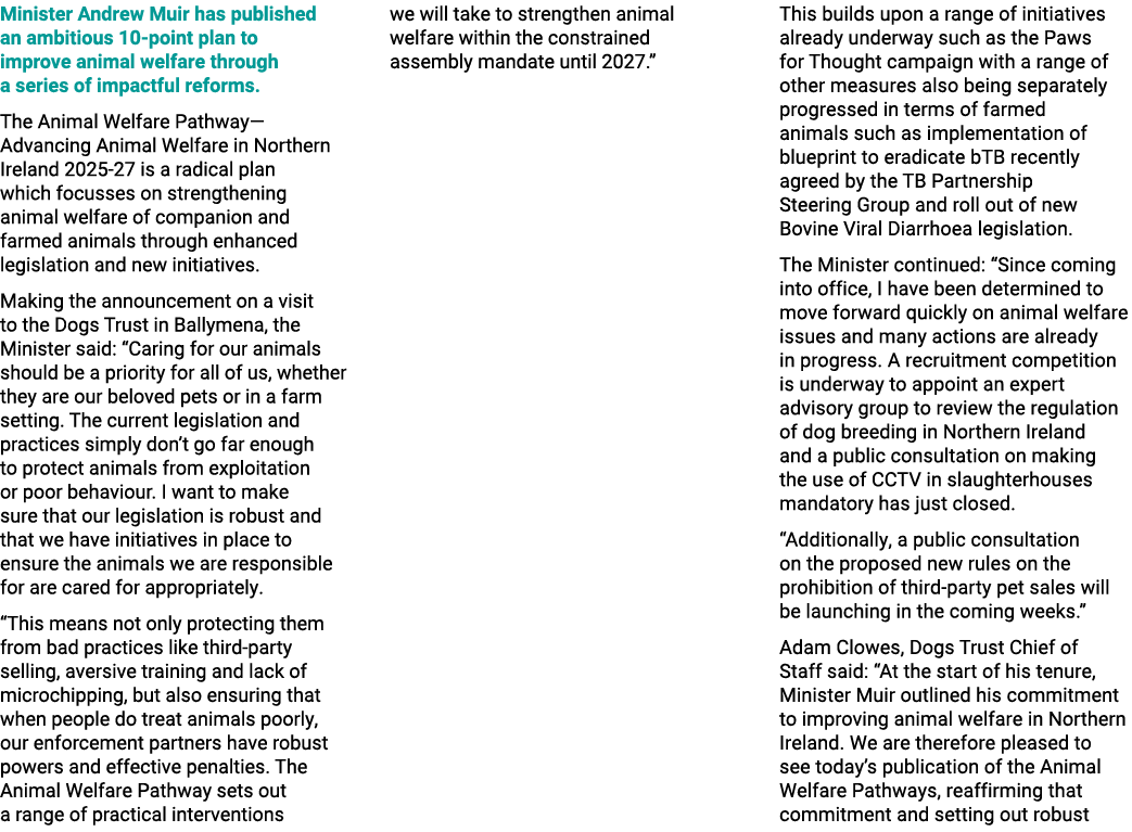 Minister Andrew Muir has published an ambitious 10 point plan to improve animal welfare through a series of impactful...