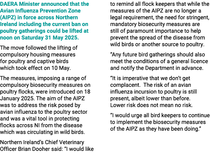 DAERA Minister announced that the Avian Influenza Prevention Zone (AIPZ) in force across Northern Ireland including t...