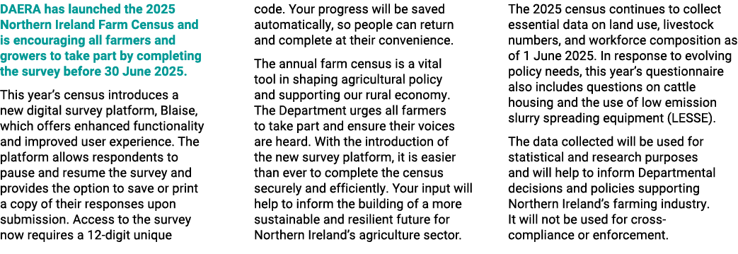 DAERA has launched the 2025 Northern Ireland Farm Census and is encouraging all farmers and growers to take part by c...