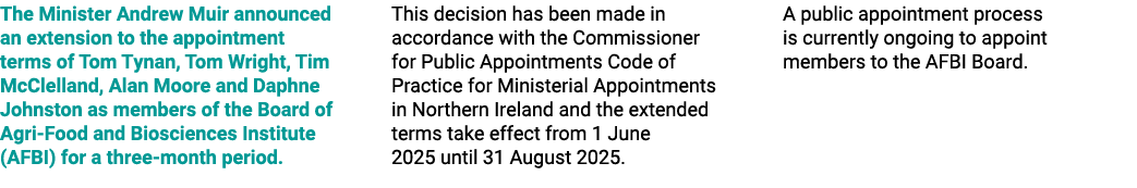 The Minister Andrew Muir announced an extension to the appointment terms of Tom Tynan, Tom Wright, Tim McClelland, Al...