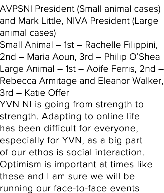 AVPSNI President (Small animal cases) and Mark Little, NIVA President (Large animal cases)  Small Animal   1st   Rach   