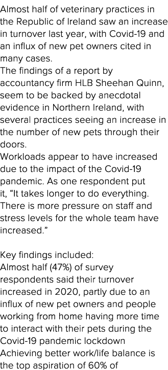 Almost half of veterinary practices in the Republic of Ireland saw an increase in turnover last year, with Covid-19 a   