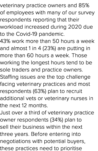 veterinary practice owners and 85% of employees with many of our survey respondents reporting that their workload inc   