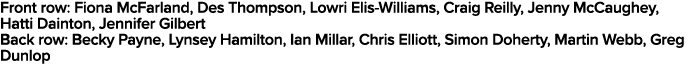 Front row: Fiona McFarland, Des Thompson, Lowri Elis-Williams, Craig Reilly, Jenny McCaughey, Hatti Dainton, Jennifer   