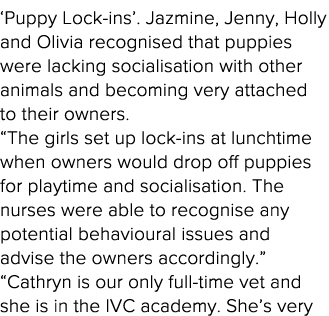  Puppy Lock-ins   Jazmine, Jenny, Holly and Olivia recognised that puppies were lacking socialisation with other anim   