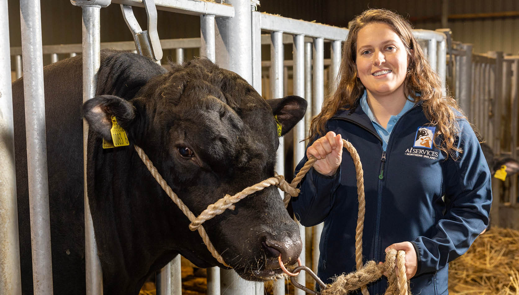 A woman is holding a rope attached to a cow in a fenced pen. AI generated content