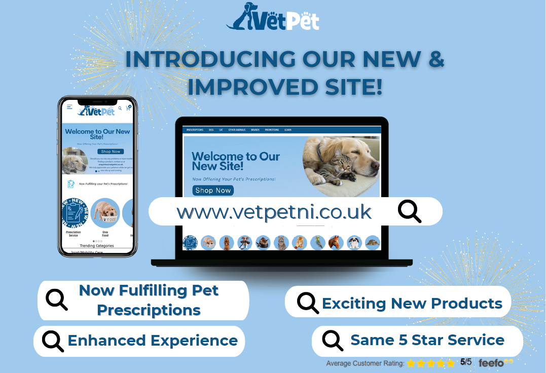 An advertisement for a pet store, featuring a laptop and a cell phone, with the laptop displaying a picture of a dog and the cell phone showing a dog's head. The advertisement is promoting the store's new and improved website. AI generated content