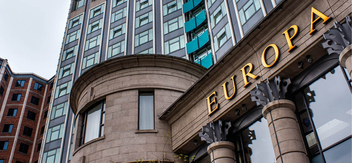 Belfast, Northern Ireland - April 25, 2011: The Europa Hotel is famously known as europe's most bombed Hotel, it was damaged 33 times by IRA bombs between 1970 and 1994.