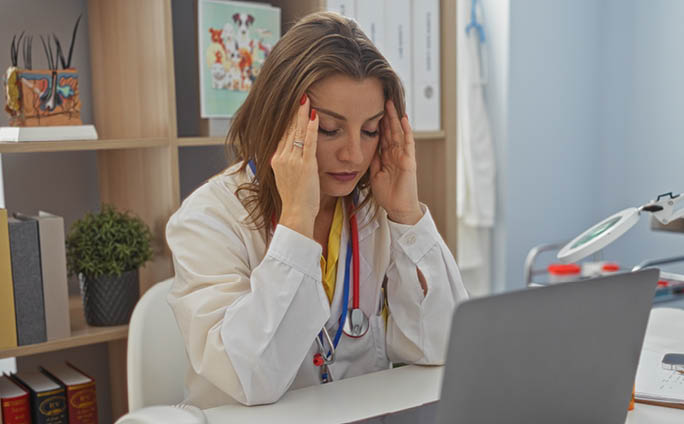 A woman in a white shirt is sitting at a desk with a laptop in front of her. She has her hands on her head, possibly indicating stress or frustration. The desk is cluttered with various items, including a potted plant, a cell phone, a book, and a computer mouse. AI generated content
