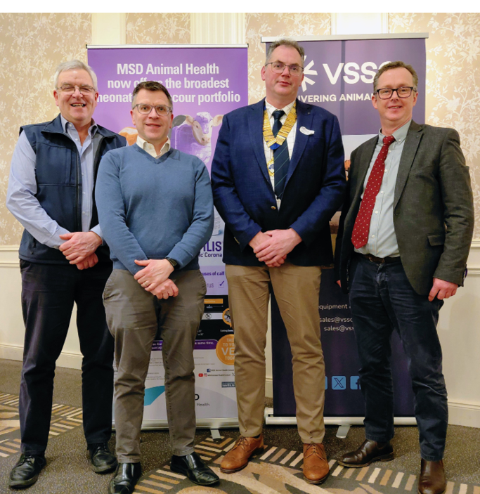 Four men are standing in front of a sign. AI generated content