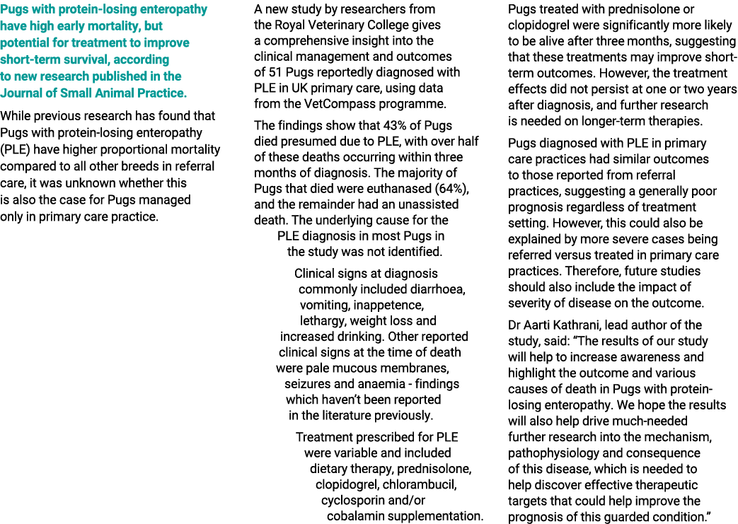 Pugs with protein losing enteropathy have high early mortality, but potential for treatment to improve short term sur...