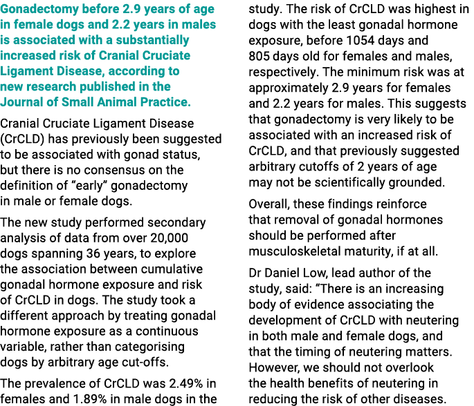 Gonadectomy before 2.9 years of age in female dogs and 2.2 years in males is associated with a substantially increase...