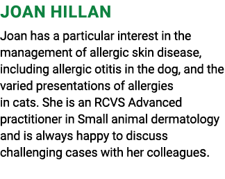Joan Hillan Joan has a particular interest in the management of allergic skin disease, including allergic otitis in t...