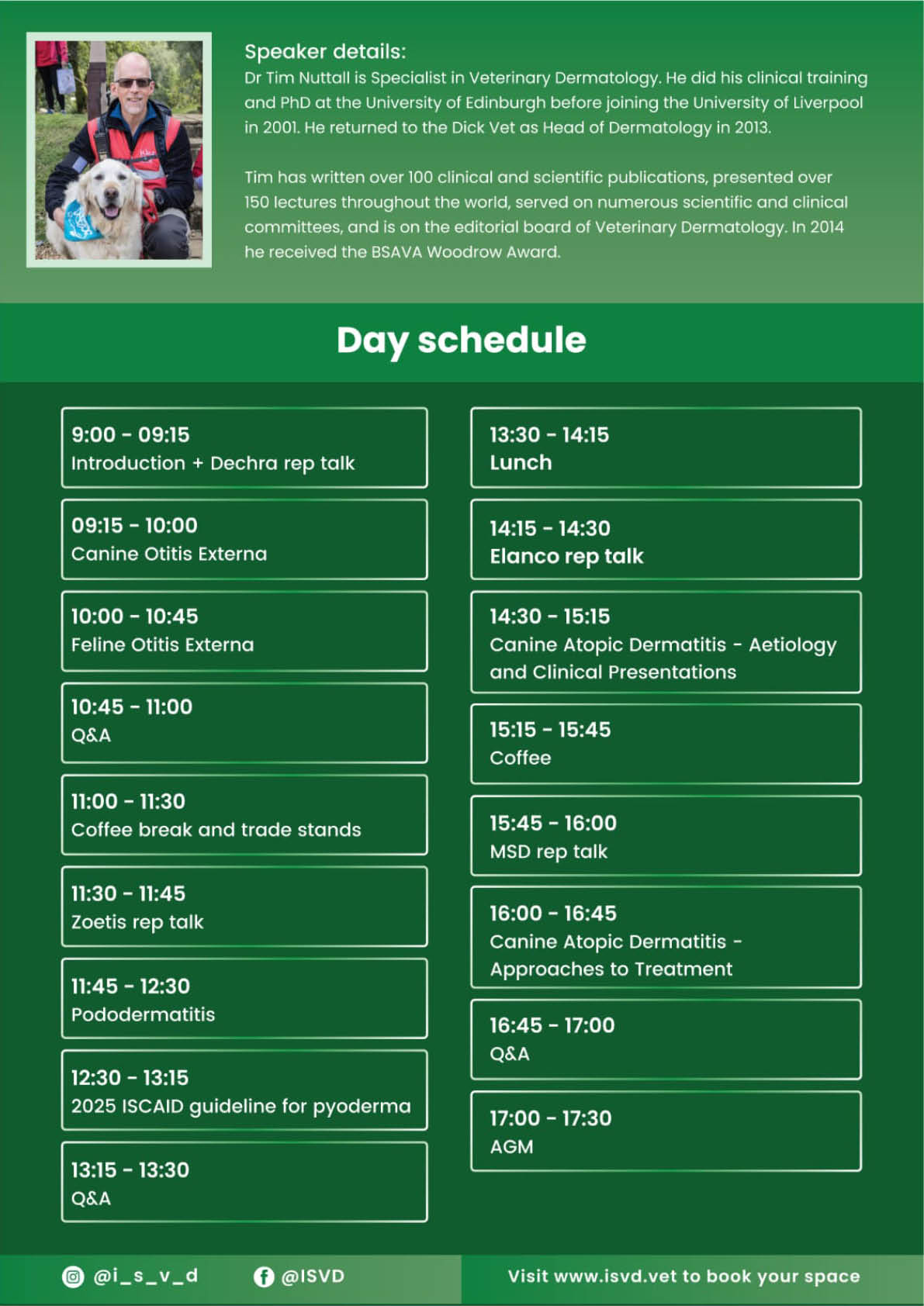 A green poster with a day schedule for a veterinary conference. AI generated content