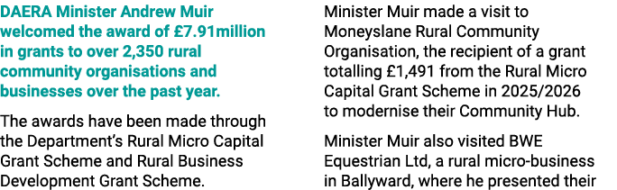 DAERA Minister Andrew Muir welcomed the award of £7.91million in grants to over 2,350 rural community organisations a...