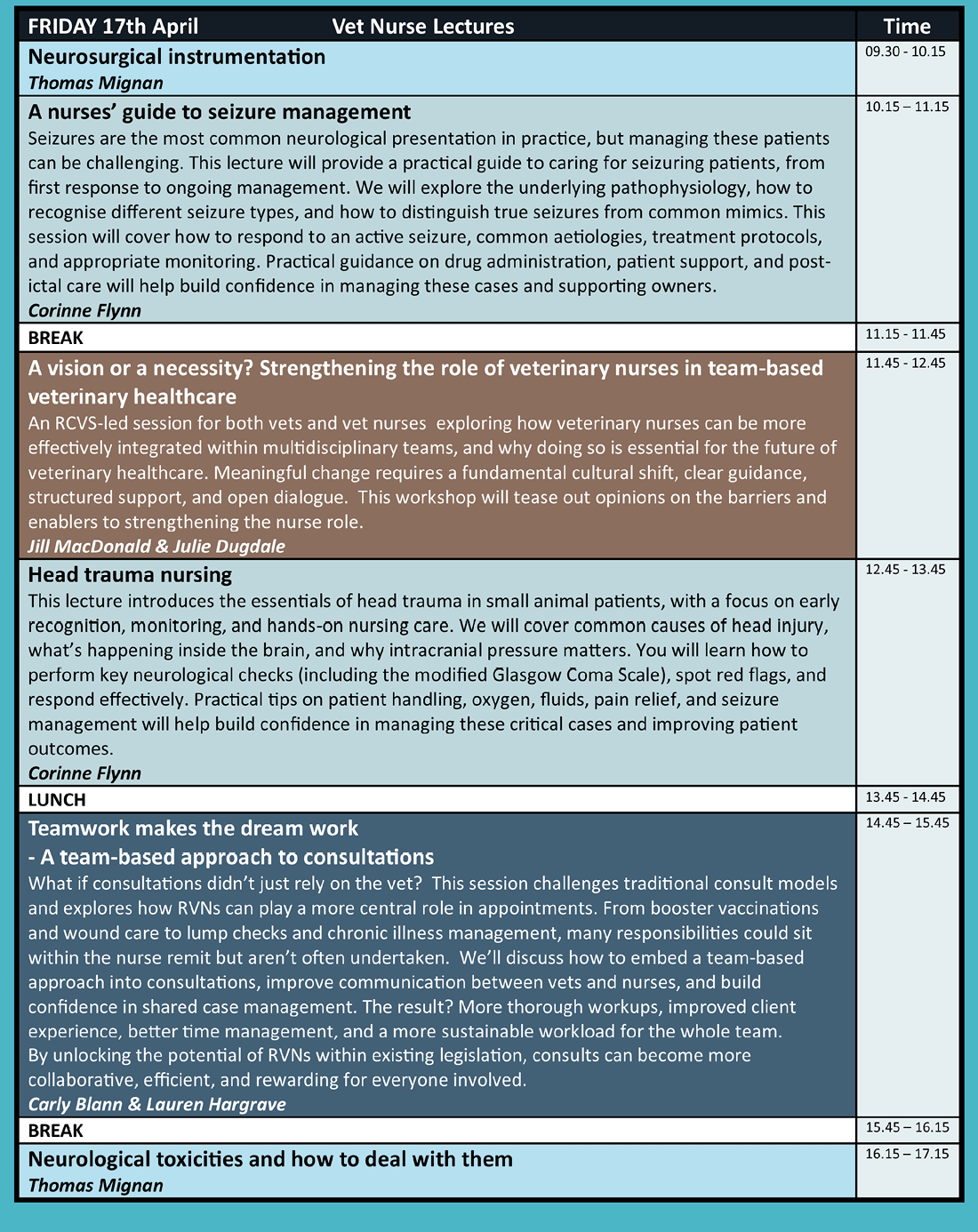 A blue and white poster with a list of topics and times. AI generated content