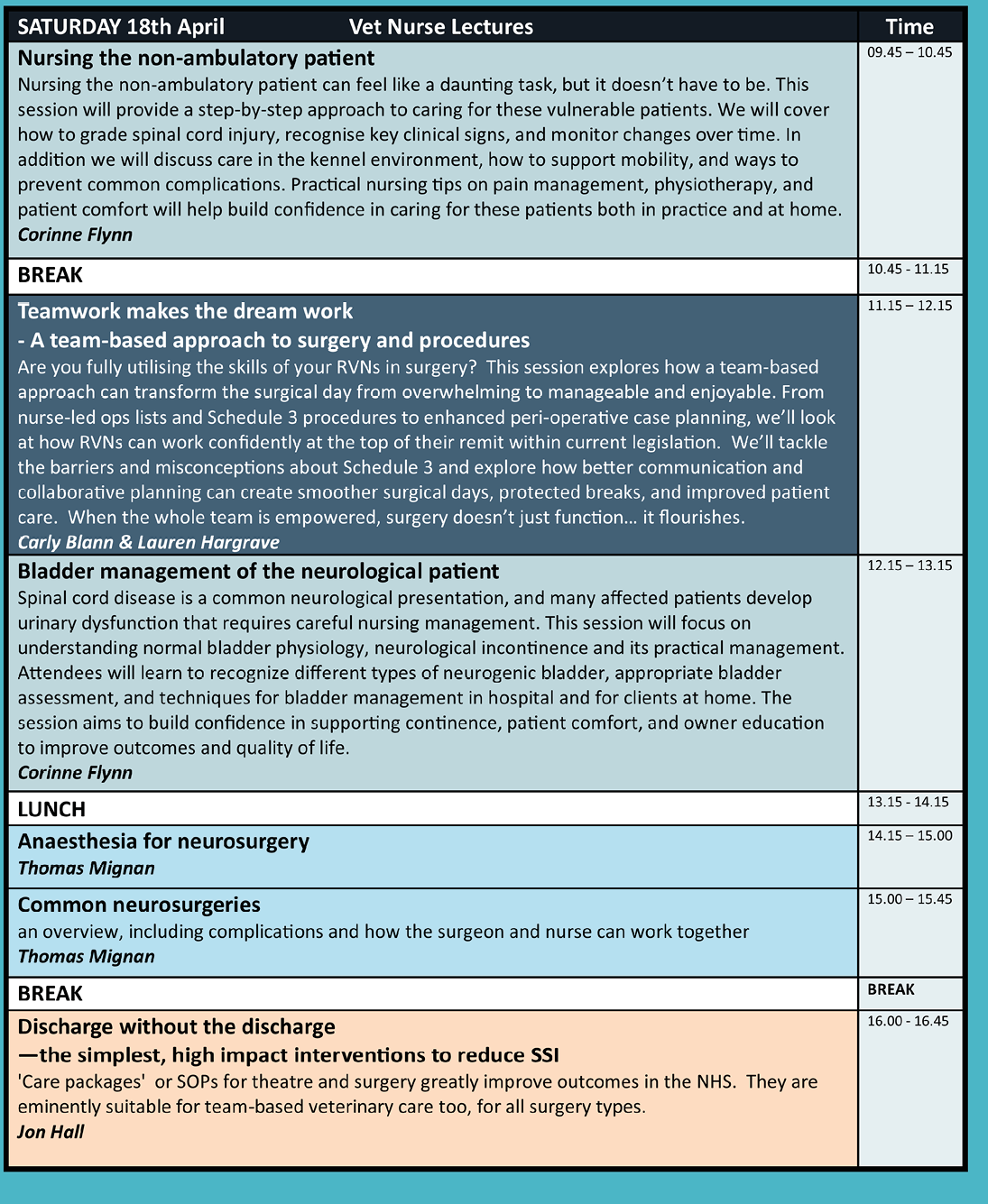A blue and white schedule lists various topics, including nursing, anesthesia, and surgery. AI generated content