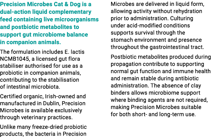 Precision Microbes Cat & Dog is a dual action liquid complementary feed containing live microorganisms and postbiotic...