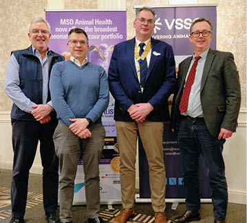 Four men are standing in front of a sign. AI generated content