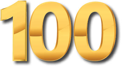 The number one hundred is displayed in large, shiny gold digits with a reflective surface. Description generated by AI