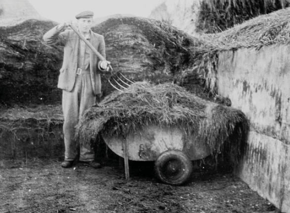 A person wearing a cap and suit stands in a large outdoor compost or manure pit holding a pitchfork with a wheelbarrow full of organic material beside them. Description generated by AI