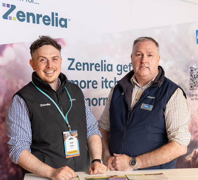 Two adults wearing casual shirts and vests stand behind a booth with promotional materials and a banner displaying the brand name Zenrelia. Description generated by AI