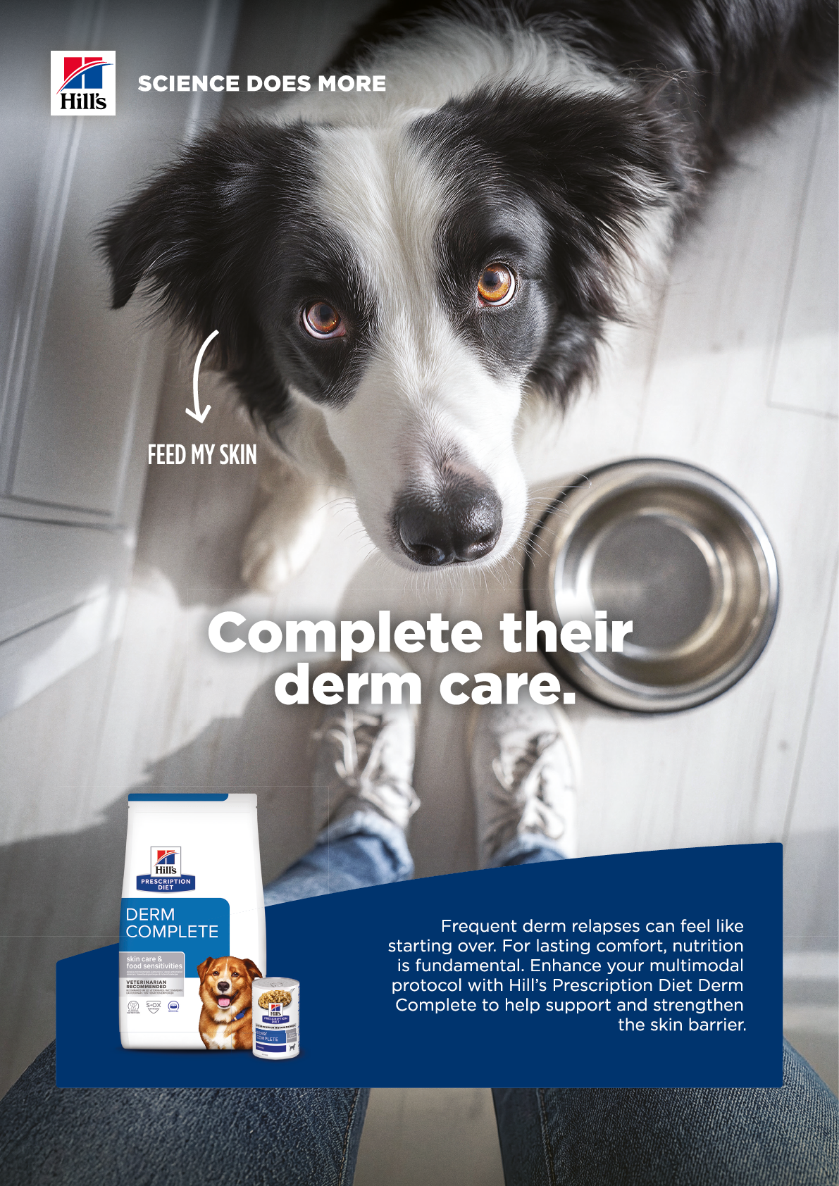 A person is kneeling on a wooden floor next to a dog bowl while an advertisement for Hill's Prescription Diet Derm Complete pet food is displayed with text about supporting skin barrier health. Description generated by AI