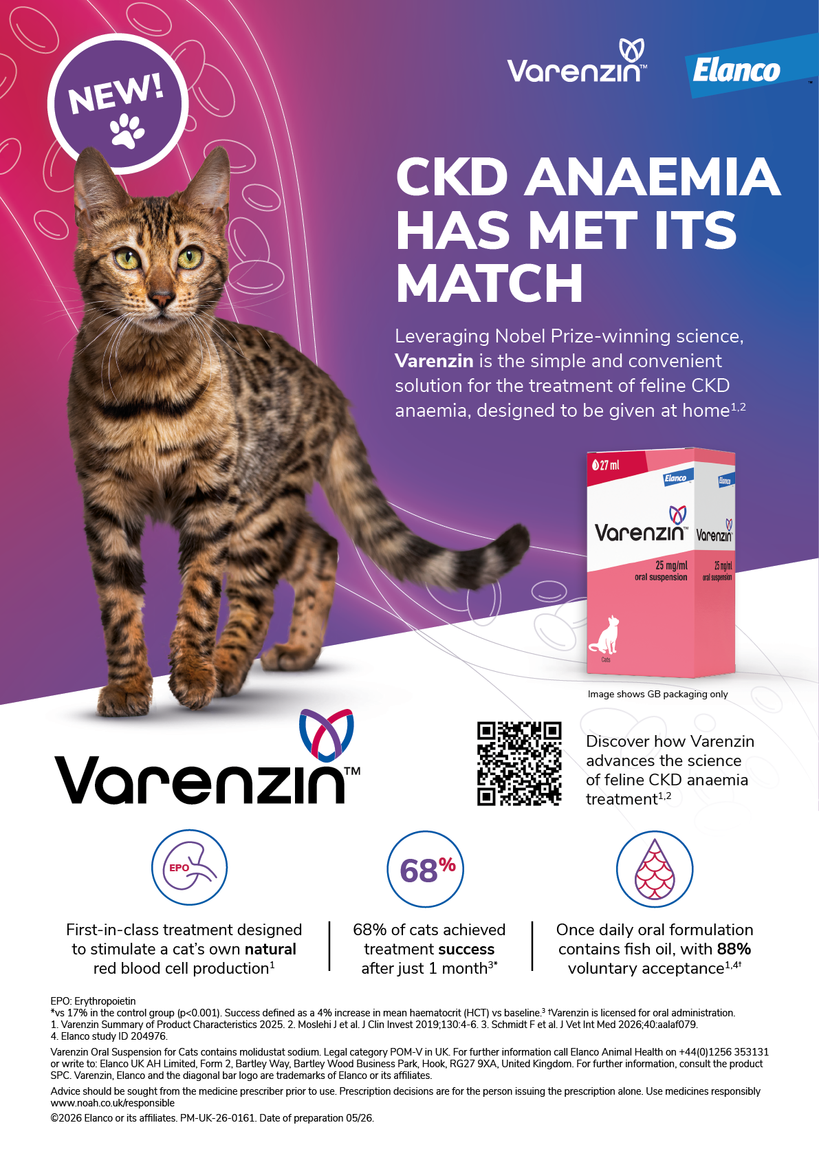 A promotional graphic for Varenzin, a treatment for feline CKD anaemia, featuring a standing tabby cat, product packaging, and key benefits of the treatment. Description generated by AI