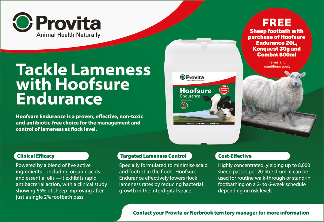 A promotional graphic for Provita Hoofsure Endurance features a container of the product, a sheep drinking from a trough, and text highlighting its benefits for tackling lameness in sheep naturally. Description generated by AI
