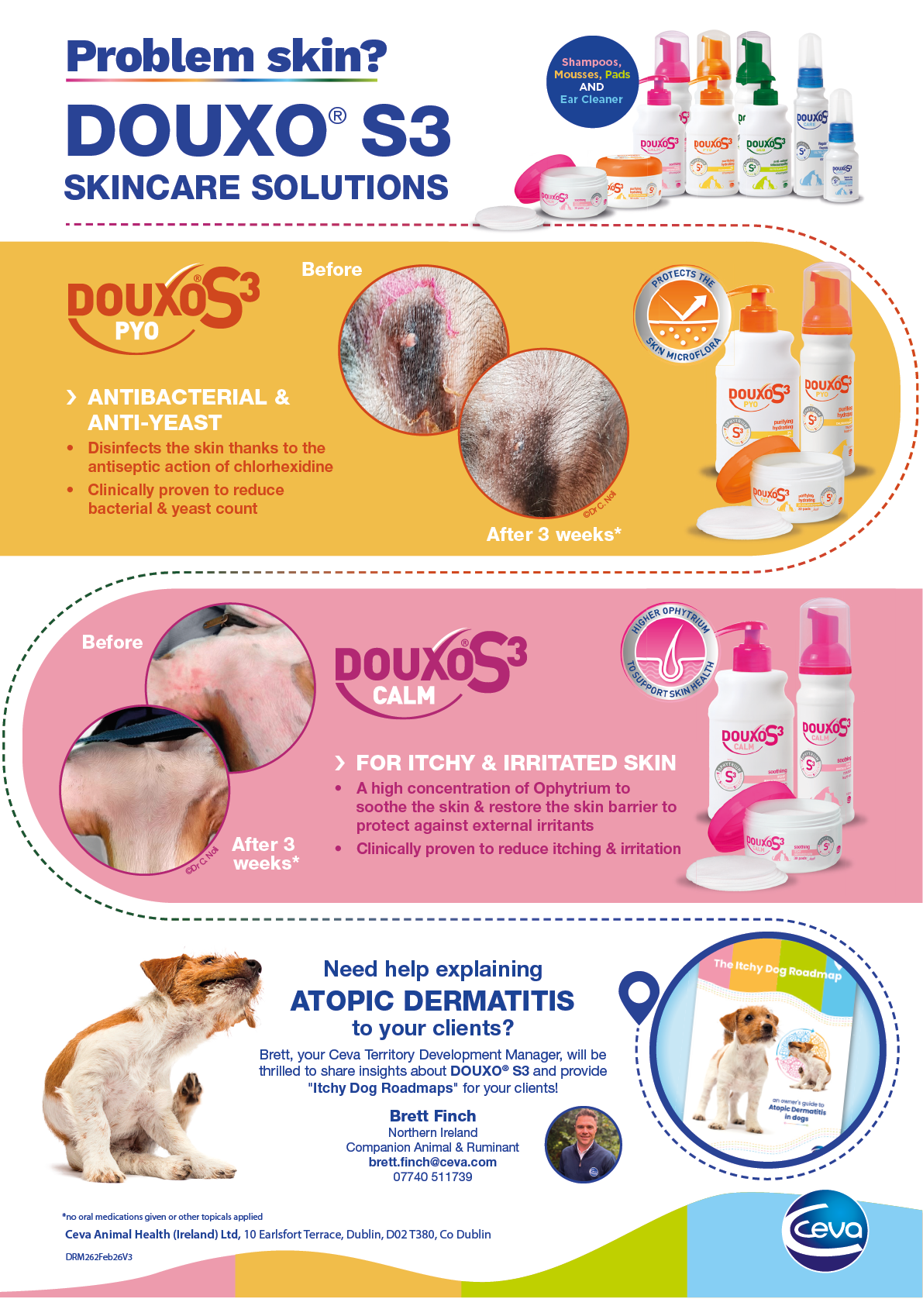 Advertisement for Douxo S3 skincare solutions showing before and after images of pets with skin conditions and promoting antibacterial, anti-yeast, and soothing treatments for itchy and irritated skin. Description generated by AI