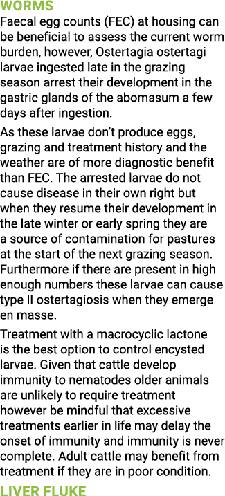 Worms Faecal egg counts (FEC) at housing can be beneficial to assess the current worm burden, however, Ostertagia ost   