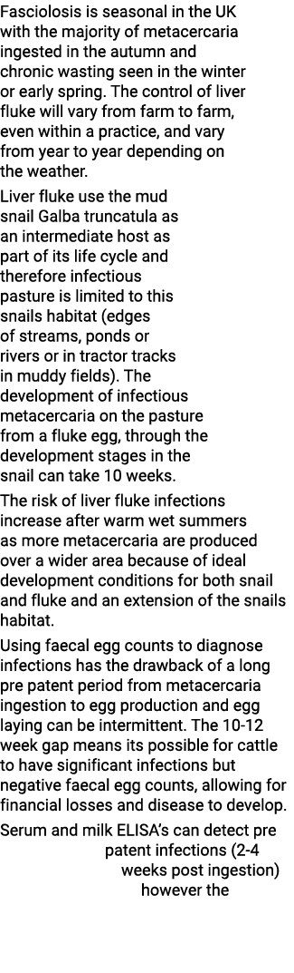 Fasciolosis is seasonal in the UK with the majority of metacercaria ingested in the autumn and chronic wasting seen i   