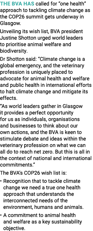The BVA has called for  one health  approach to tackling climate change as the COP26 summit gets underway in Glasgow    