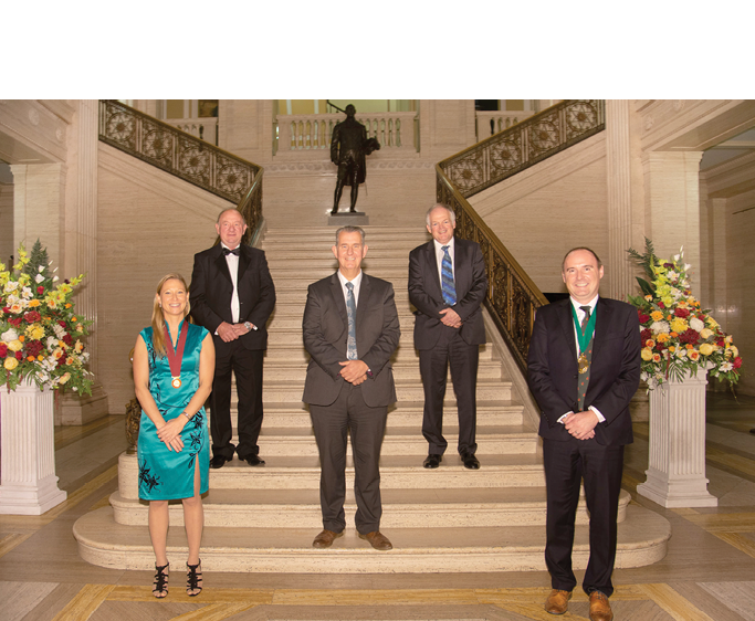 Justine Shotton, President of the British Veterinary Association; William Irwin MLA;  Edwin Poots MLA Agriculture and Environment Minister; Robert Huey, Cheif Veterinary Officer DAERA; and Mark Little, President British Veterinary Association NI 